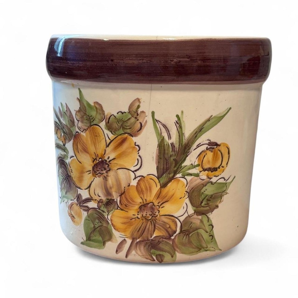 Vintage Hand Painted Ceramic Crock Brazil Floral Yellow Flower Jar 6in
